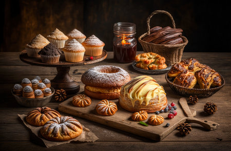 Variety of pastries are displayed on table. Generative AI.の素材