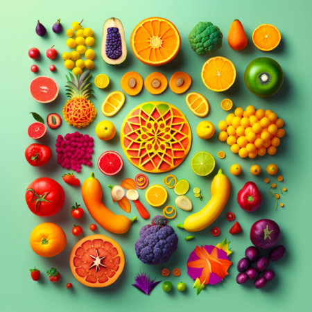 Fruits and vegetables arranged in the shape of circle. Generative AI.の素材