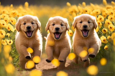 Three golden retriever puppies running through field of yellow flowers. Generative AI.の素材