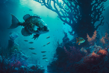 An underwater scene with fish and coral. Generative AI.の素材