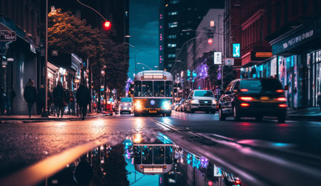 An image of city street at night. Generative AI.の素材