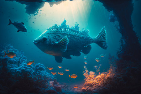 An underwater scene with fish and large fish. Generative AI.の素材