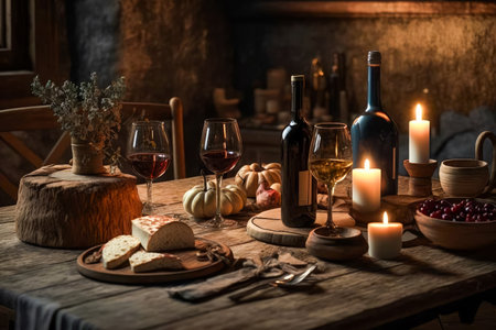 Table with wine, cheese and candles on it. Generative AI.の素材