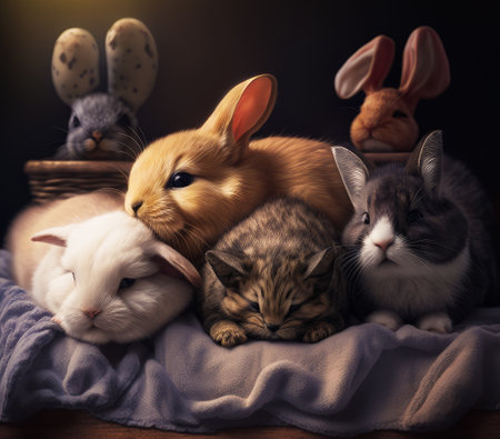 Group of bunnies and kittens on bed. Generative AI.の素材