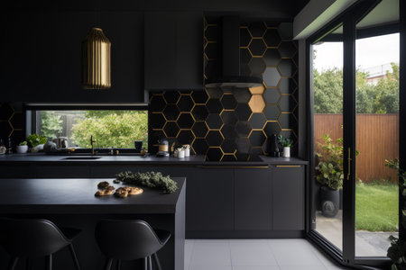 Modern kitchen with black and gold accents. Generative AI.の素材