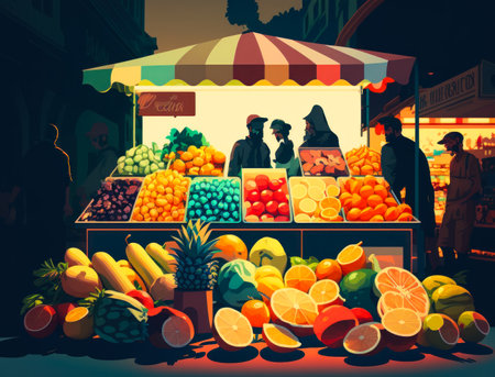 Fruit stand at night. Generative AI.の素材