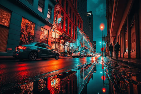 City street at night with cars and puddles. Generative AI.の素材