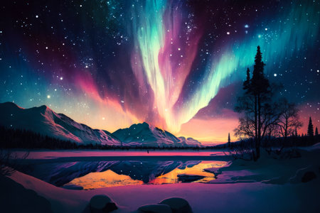 Colorful aurora bore lights up the sky over lake and mountains. Generative AI.の素材