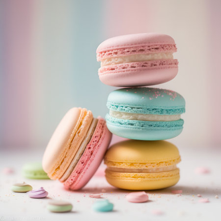 Colorful macarons stacked on top of each other. Generative AI.の素材