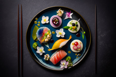 Plate with sushi and chopsticks on it. Generative AI.の素材
