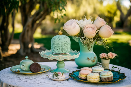 Table with cake, cupcakes and macarons. Generative AI.の素材