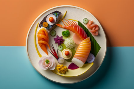 Plate of sushi on an orange and blue background. Generative AI.の素材