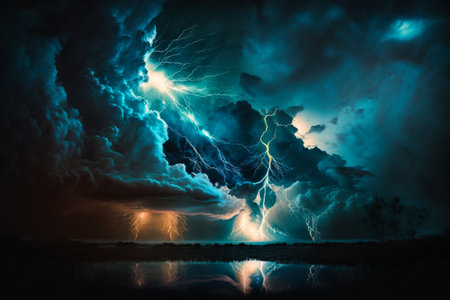 An image of stormy sky with lightning. Generative AI.の素材