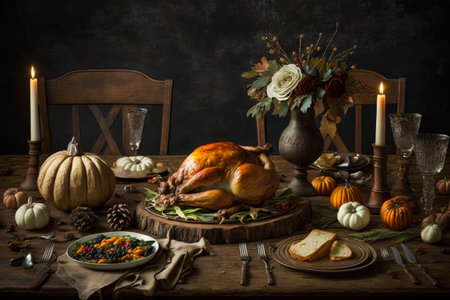Thanksgiving table with turkey, pumpkins and other decorations. Generative AI.の素材