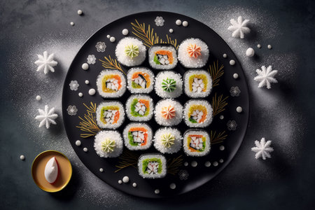 Sushi rolls on black plate with snowflakes. Generative AI.の素材