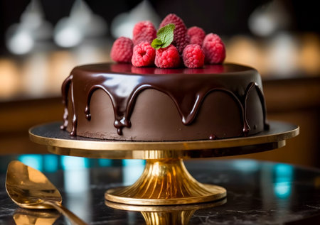 Chocolate cake with raspberries on top. Generative AI.の素材