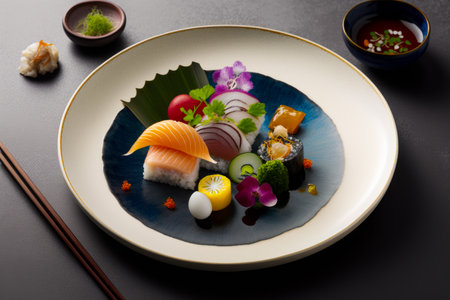 Plate with sushi and chopsticks on it. Generative AI.の素材