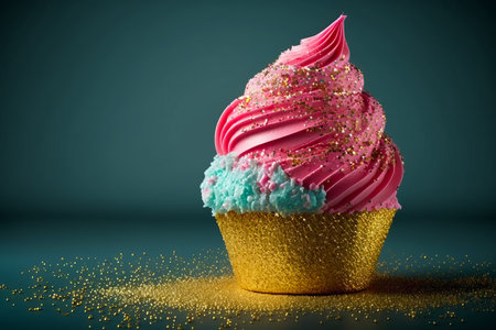 An image of cupcake with pink frosting and sprinkles. Generative AI.の素材
