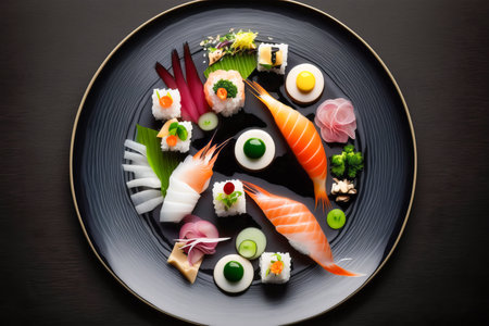 Black plate with sushi and other food on it. Generative AI.の素材