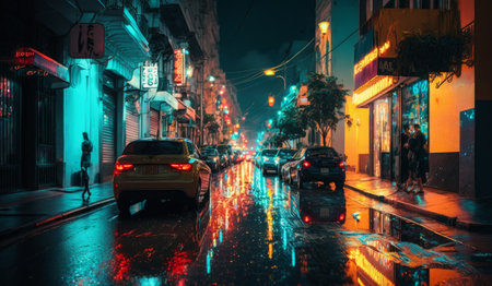 An image of city street at night. Generative AI.の素材