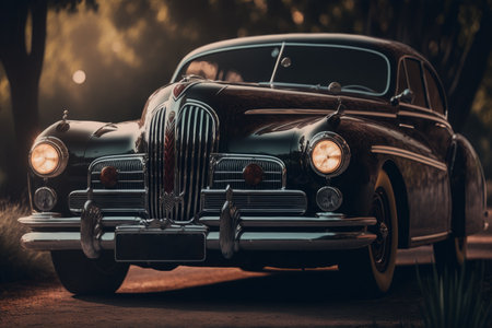 An old classic car is parked on the side of the road. Generative AI.の素材