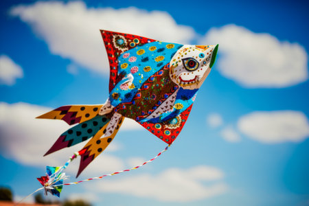 Colorful kite is flying in the sky. Generative AI.の素材