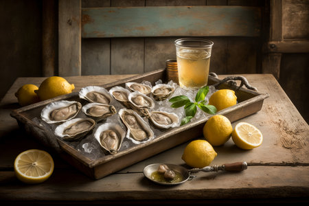 Oysters and lemon wedges on wooden tray. Generative AI.の素材