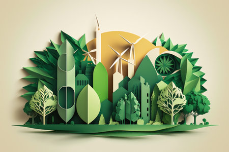 Paper art of green city with trees and windmills. Generative AI.の素材