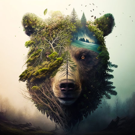 An image of bear with trees and forest in the background. Generative AI.の素材