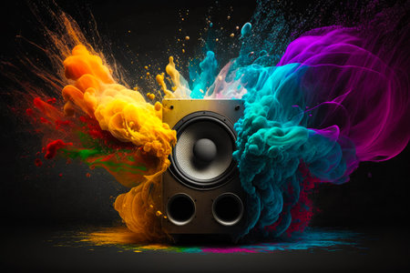 Speaker with colorful splashes on it. Generative AI.の素材