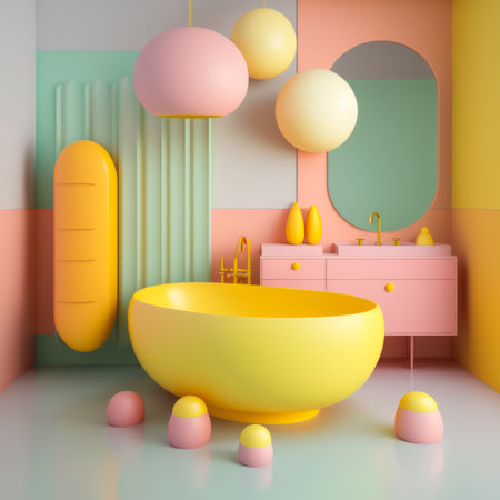 Colorful bathroom with yellow bathtub and other objects. Generative AI.の素材