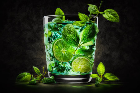 Mojito with lime and mint leaves on black background. Generative AI.の素材