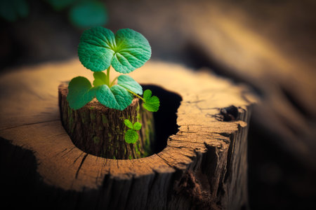 Small green plant growing out of stump. Generative AI.の素材
