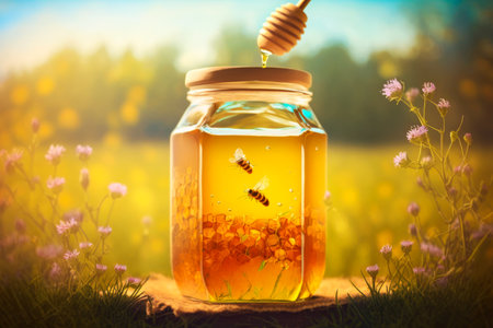 Jar of honey with wooden stick in it. Generative AI.の素材