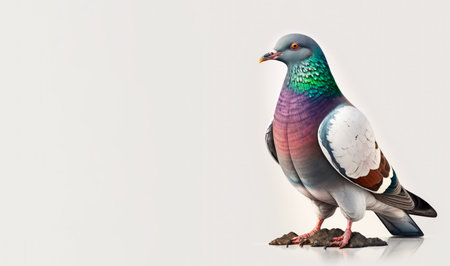 Colorful pigeon is standing on top of rock. Generative AI.の素材