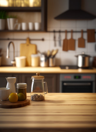 Kitchen is shown with wooden counter top. Generative AI.の素材
