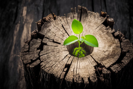 Plant growing out of hole in tree stump. Generative AI.の素材