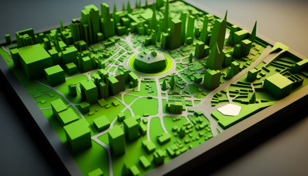 3d model of city with green buildings. Generative AI.の素材