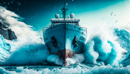 Boat in the middle of large wave. Generative AI.の素材