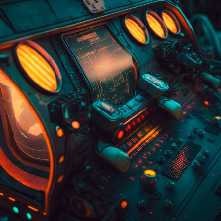 Close up view of futuristic control panel. Generative AI.の素材