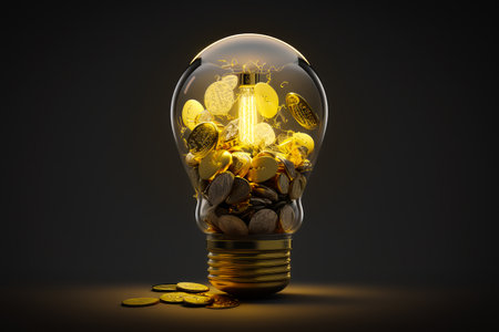 Light bulb filled with coins on black background. Generative AI.の素材