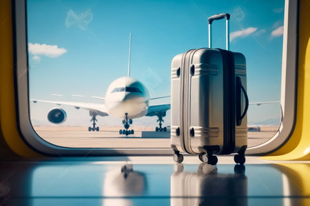 Suitcase in front of an airplane window. Generative AI.の素材