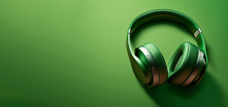 Pair of green headphones on green background. Generative AI.の素材