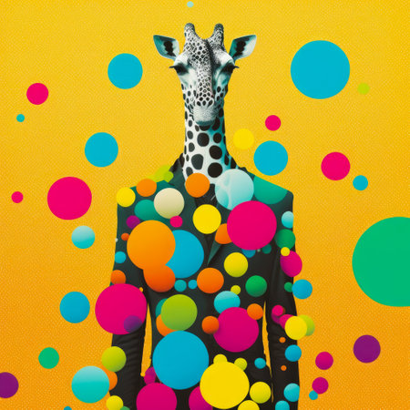 Image of giraffe in suit surrounded by colorful dots. Generative AI.の素材