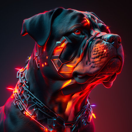 Dog with glowing eyes on black background. Generative AI.の素材