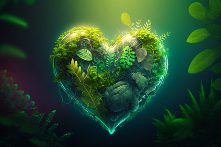 Heart made out of plants and leaves. Generative AI.の素材