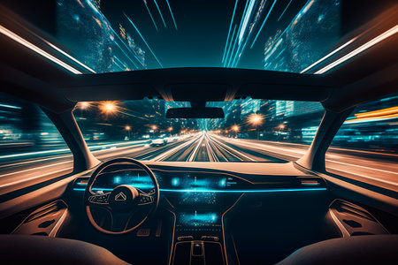 The interior of car driving through city at night. Generative AI.の素材
