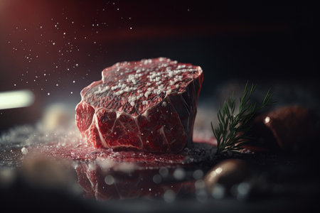 Close up of piece of meat on table. Generative AI.の素材