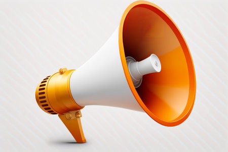 An orange and white megaphone on white background. Generative AI.の素材
