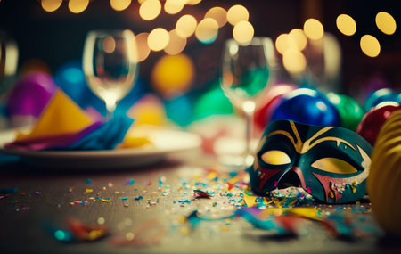 Colorful mask sits on table with glasses and confetti. Generative AI.の素材